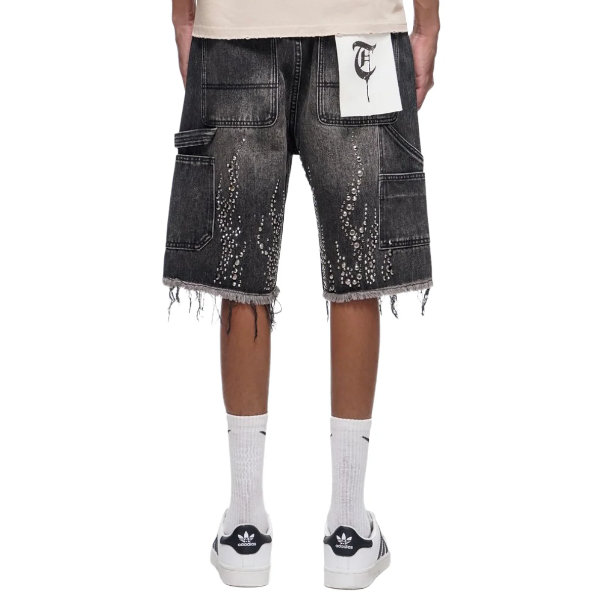 TRNCHS 'SHRAPNEL' WASHED DENIM SHORTS (BLK) - Image 2